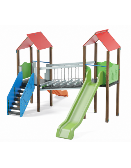 Mini villaggio, 2 torri con pali in alluminio rifiniti legno light  - 2 scivoli - scala in lamiera - cm 443x577x360h