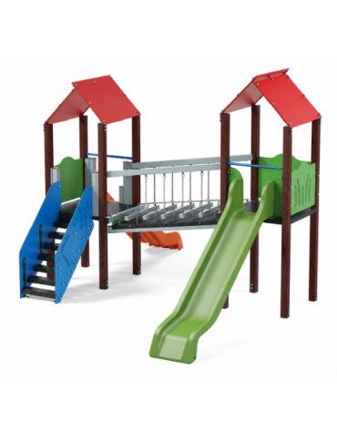Mini villaggio, 2 torri con pali in plastica riciclata - 2 scivoli - scala in lamiera - cm 443x577x360h