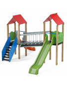 Mini villaggio, 2 torri con pali in legno termotrattato - 2 scivoli - scala in lamiera - cm 443x577x360h