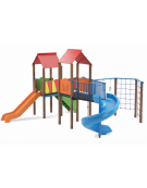 Mini villaggio con palestra, 2 torri, pali in alluminio rifiniti legno light e 2 scivoli di cui 1 elicoidale - cm 639x622xh360