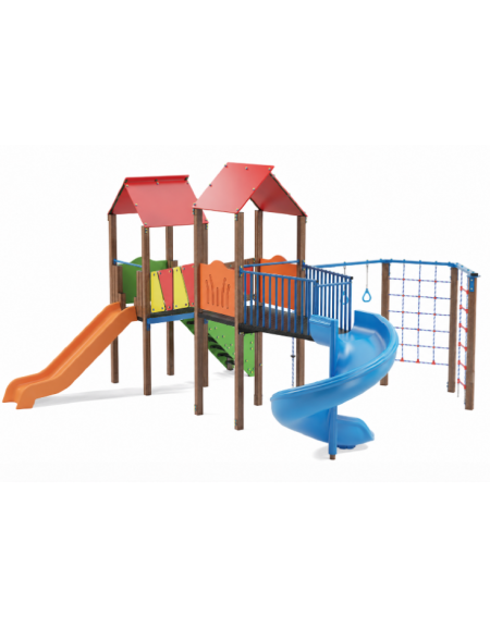 Mini villaggio con palestra, 2 torri, pali in alluminio rifiniti legno light e 2 scivoli di cui 1 elicoidale - cm 639x622xh360
