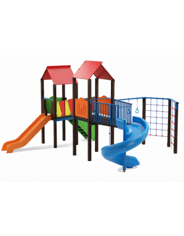 Mini villaggio con palestra, 2 torri, pali in alluminio rifiniti legno dark e 2 scivoli di cui 1 elicoidale - cm 639x622x360h