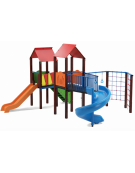 Mini villaggio con 2 torri, pali in plastica riciclata e 2 scivoli di cui 1 elicoidale - 1 palestrina - cm 639x622x360h