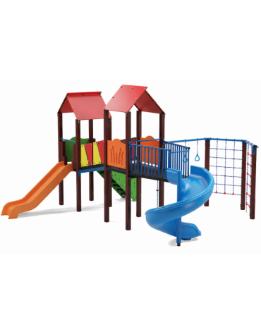 Mini villaggio con 2 torri, pali in plastica riciclata e 2 scivoli di cui 1 elicoidale - 1 palestrina - cm 639x622x360h