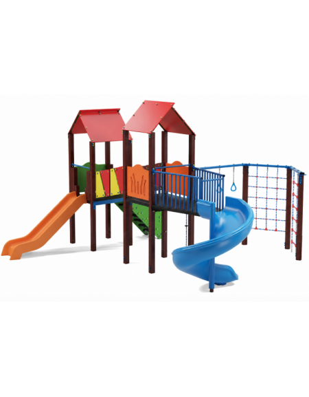 Mini villaggio con 2 torri, pali in plastica riciclata e 2 scivoli di cui 1 elicoidale - 1 palestrina - cm 639x622x360h