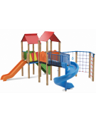 Mini villaggio con palestra, 2 torri, pali in legno termotrattato e 2 scivoli di cui 1 elicoidale - cm 639x622x360h