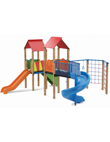 Mini villaggio con palestra, 2 torri, pali in legno termotrattato e 2 scivoli di cui 1 elicoidale - cm 639x622x360h