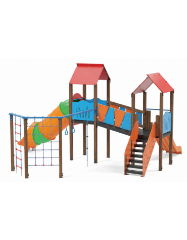 Mini villaggio con palestra, 2 torri, pali in alluminio rifiniti in legno light e 2 scivoli di cui 1 a tunnel - cm 697x622x360h