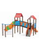 Mini villaggio con palestra, 2 torri, pali in alluminio rifiniti in legno light e 2 scivoli di cui 1 a tunnel - cm 697x622x360h