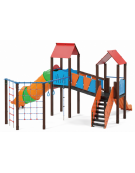 Mini villaggio con palestra, 2 torri, pali in alluminio rifiniti in legno dark e 2 scivoli di cui 1 a tunnel - cm 697x622x360h