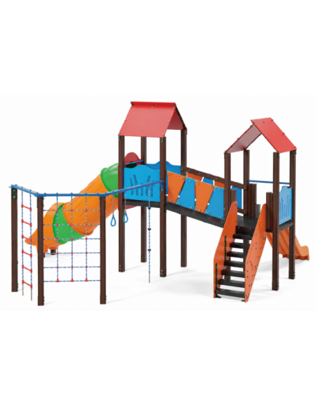 Mini villaggio con palestra, 2 torri, pali in alluminio rifiniti in legno dark e 2 scivoli di cui 1 a tunnel - cm 697x622x360h