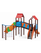 Mini villaggio con palestra, 2 torri, pali in plastica riciclata e 2 scivoli di cui 1 a tunnel - 1 palestrina - cm 697x622x360h