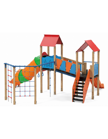 Mini villaggio con palestra, 2 torri, pali in legno termotrattato e 2 scivoli di cui 1 a tunnel - cm 697x622x360h