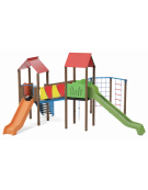 Mini villaggio con palestra, 2 torri, pali in alluminio rifiniti in legno light e 2 scivoli - 1 palestrina - cm 629x622x360h