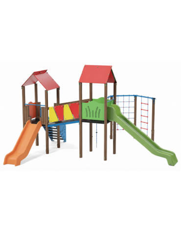 Mini villaggio con palestra, 2 torri, pali in alluminio rifiniti in legno light e 2 scivoli - 1 palestrina - cm 629x622x360h