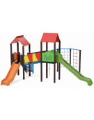 Mini villaggio con palestra, 2 torri, pali in alluminio rifiniti in legno dark e 2 scivoli - 1 palestrina - cm 629x622x360h