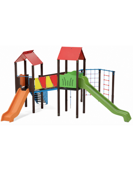 Mini villaggio con palestra, 2 torri, pali in alluminio rifiniti in legno dark e 2 scivoli - 1 palestrina - cm 629x622x360h