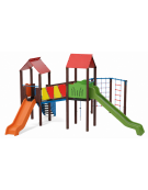 Mini villaggio con palestra, 2 torri con pali in plastica riciclata e 2 scivoli - 1 palestrina - cm 629x622x360h