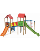 Mini villaggio con palestra, 2 torri, pali in legno termotrattato e 2 scivoli - 1 palestrina - cm 629x622x360h