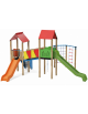 Mini villaggio con palestra, 2 torri, pali in legno termotrattato e 2 scivoli - 1 palestrina - cm 629x622x360h