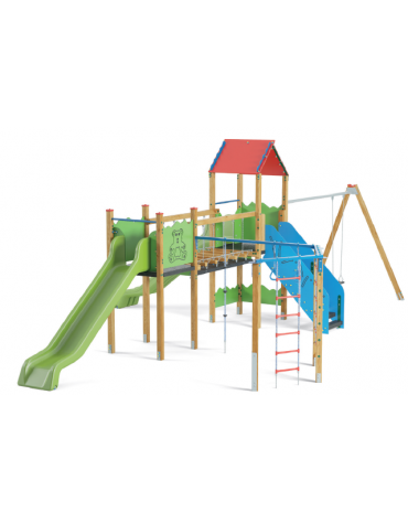 Villaggio attrezzato con pali in legno termotrattato, 2 torri, 2 scivoli, 1 palestra - altalena - cm 1038x679x360h