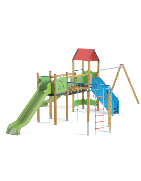 Villaggio attrezzato con pali in legno termotrattato, 2 torri, 2 scivoli, 1 palestra - altalena - cm 1038x679x360h