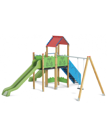 Doppia torre con struttura in legno termotrattato - 2 scivoli in polietilene rotazionale e altalena - cm 626x710x360h