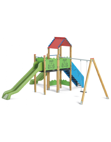 Doppia torre con struttura in legno termotrattato - 2 scivoli in polietilene rotazionale e altalena - cm 626x710x360h