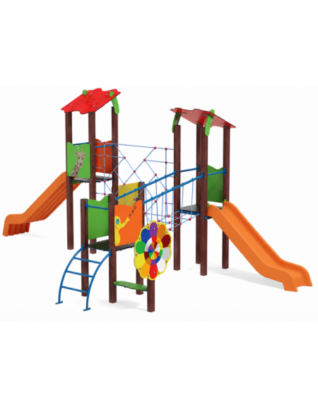 Villaggio teen con 3 torri (2 con tetto), pali in plastica riciclata, 2 scivoli in polietilene rotazionale - cm 497x804x337h