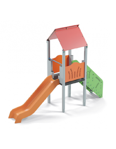 Torre con tetto, pali in alluminio con scivolo in polietilene, scala e pianale in lamiera - cm 117x456x330h