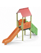 Torre con tetto, pali in legno di pino nordico, scivolo in polietilene, scala e pianale in lamiera - cm 117x425x330h