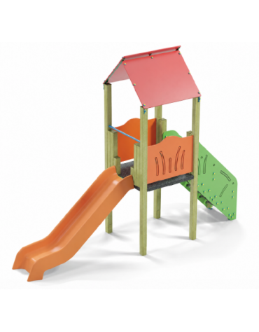 Torre con tetto, pali in legno di pino nordico, scivolo in polietilene, scala e pianale in lamiera - cm 117x425x330h