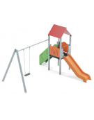 Torre pali in alluminio con scivolo in polietilene, scala e pianale in lamiera - Altalena 1 posto - cm 452x425x330h