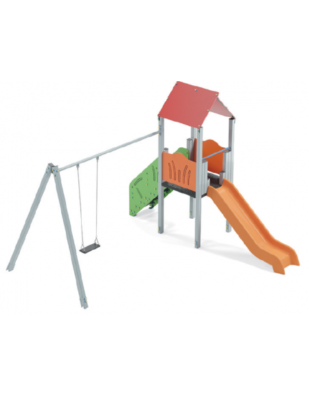 Torre pali in alluminio con scivolo in polietilene, scala e pianale in lamiera - Altalena 1 posto - cm 452x425x330h