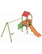 Torre con pali in legno di pino nordico e scivolo in polietilene - Altalena 1 posto - cm 452x425x330h
