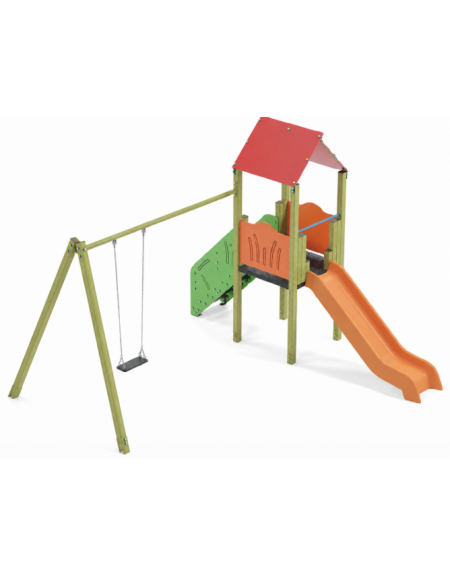 Torre con pali in legno di pino nordico e scivolo in polietilene - Altalena 1 posto - cm 452x425x330h