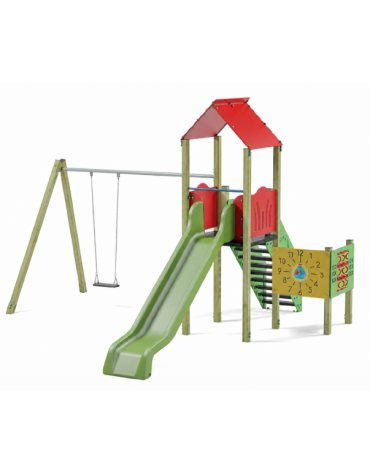 Torre relax con pali in legno di pino nordico, scivolo in polietilene - Altalena 1 posto - cm 545x512x360h