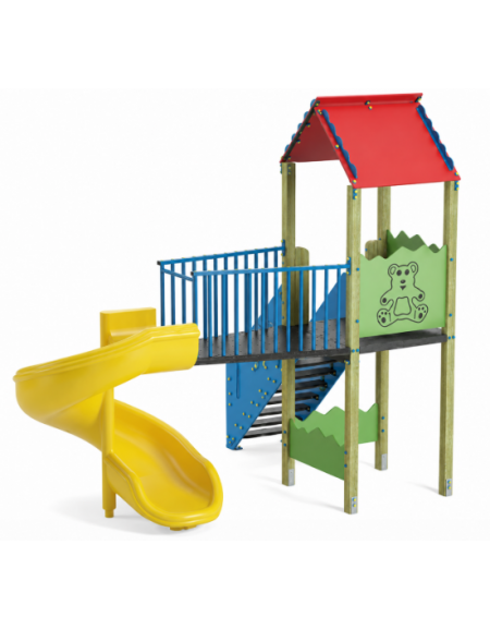 Torre con tetto e scivolo in polietilene rotazionale elicoidale - pali in legno di pino nordico - cm 261x388x360h