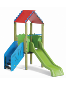 Mini torre con scivolo in polietilene rotazionale e tetto - pali in legno di pino nordico - cm 201x327x300h