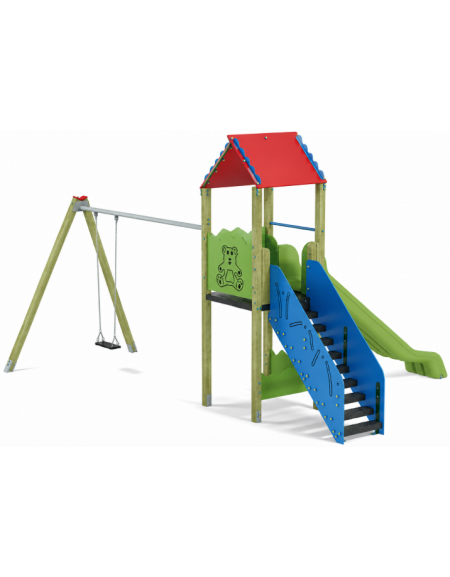 Torre con scivolo in polietilene rotazionale e tetto, 1 altalena - pali in legno di pino nordico - cm 588x483x360h