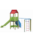 Torre con scivolo in polietilene rotazionale e palestra - pali in legno di pino nordico - cm 352x679x360h