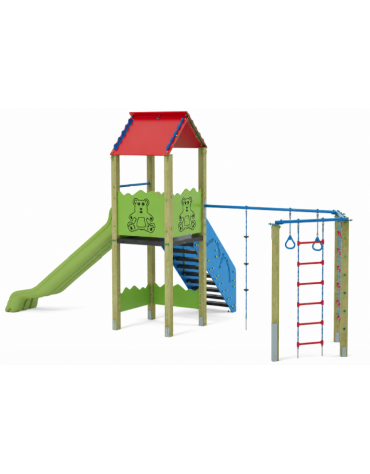 Torre con scivolo in polietilene rotazionale e palestra - pali in legno di pino nordico - cm 352x679x360h