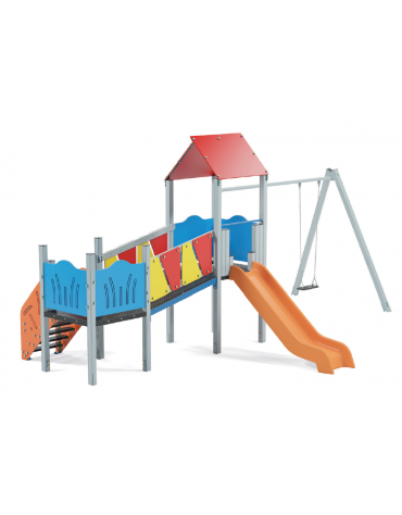Baby vilaggio, 2 torri con pali in alluminio, scivolo in polietilene - altalena 1 posto - cm 426x646x330h