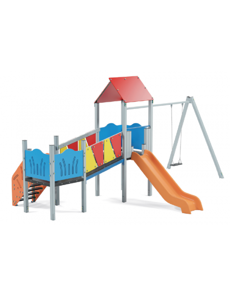 Baby vilaggio, 2 torri con pali in alluminio, scivolo in polietilene - altalena 1 posto - cm 426x646x330h