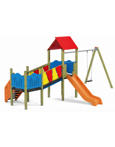 Baby vilaggio, 2 torri con pali in legno pino nordico, scivolo in polietilene - altalena 1 posto - cm 426x646x330h