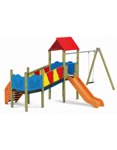 Baby vilaggio, 2 torri con pali in legno pino nordico, scivolo in polietilene - altalena 1 posto - cm 426x646x330h
