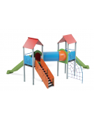 Mini villaggio con pali in alluminio, arrampicata, 2 torri e 2 scivoli, scala e pianale - cm 627x663x360h