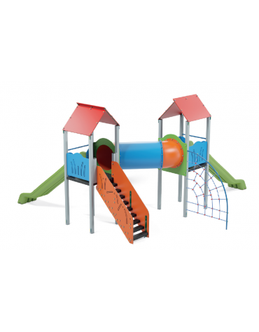 Mini villaggio con pali in alluminio, arrampicata, 2 torri e 2 scivoli, scala e pianale - cm 627x663x360h