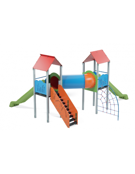 Mini villaggio con pali in alluminio, arrampicata, 2 torri e 2 scivoli, scala e pianale - cm 627x663x360h