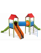Mini villaggio con pali in legno di pino nordico, arrampicata - 2 torri e 2 scivoli - cm 627x663x360h